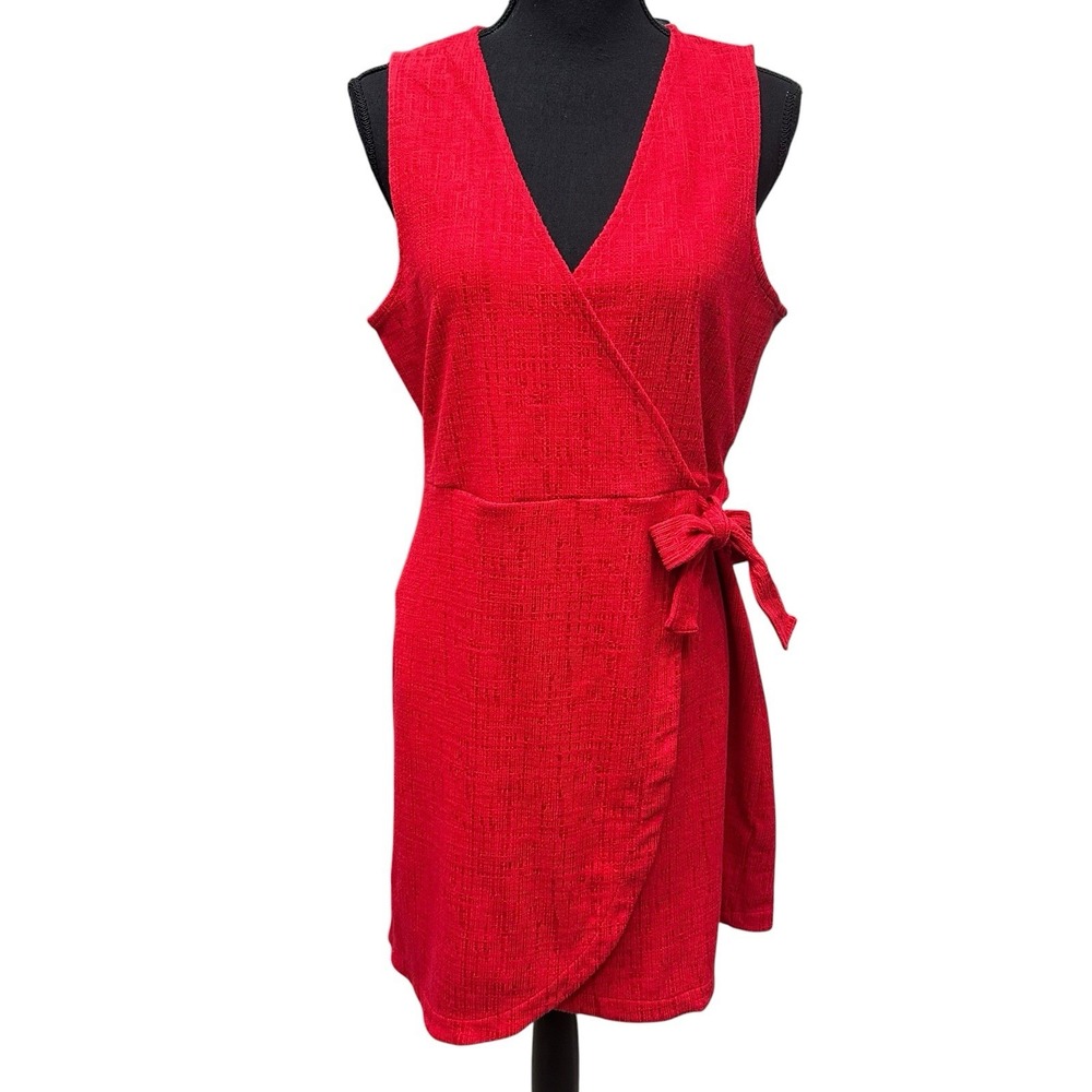TeXTURE & THREAD Madewell Women Sz Large Red Sleeveless Faux Wrap Dress Vneck